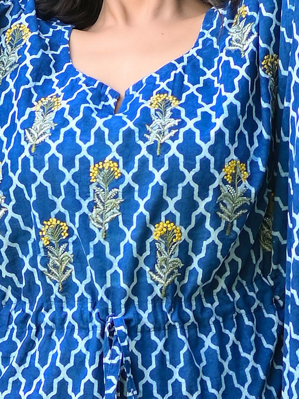 Women's Indigo Trellis Embroidered Cotton Kaftan Dress - Hatheli