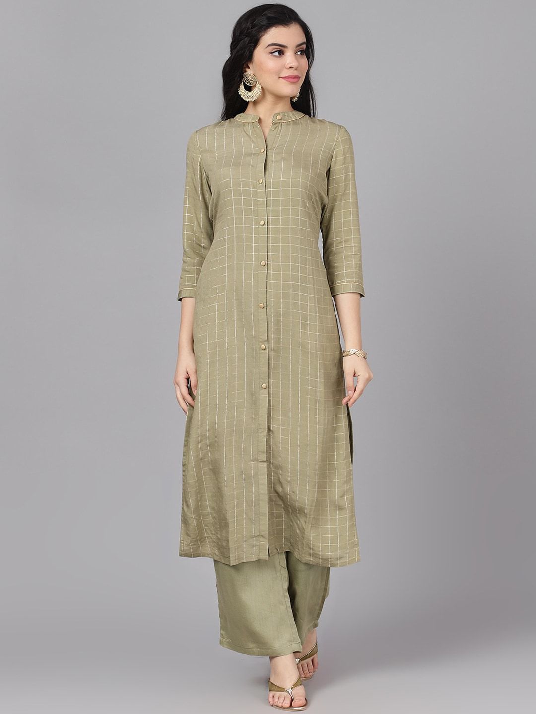 Women's  Olive Green & Gold-Coloured Printed Kurti with Palazzos - AKS