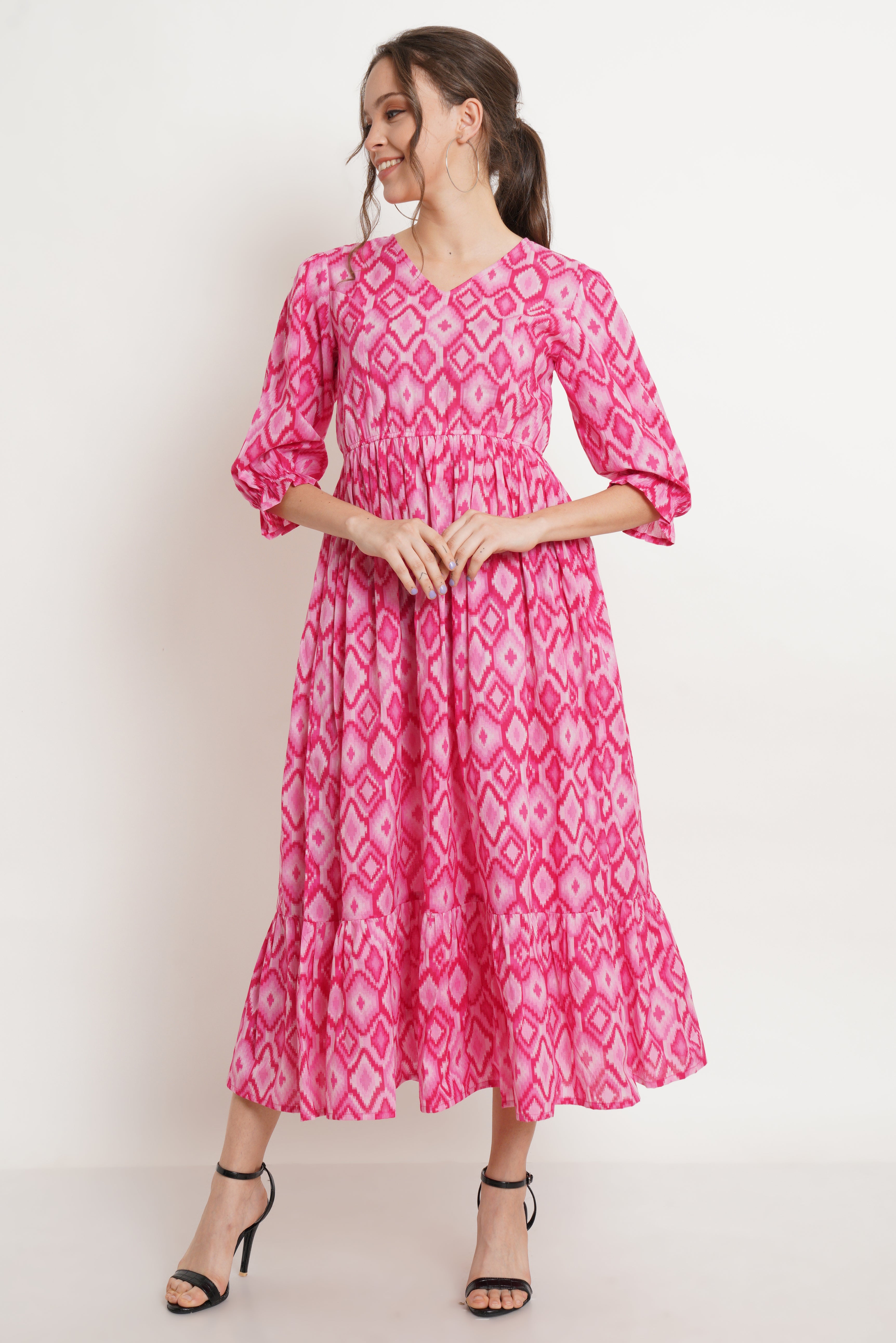 Women's Jaipuri Cotton Flared A-Line Dress(Shades Of Pink), Pink / 44