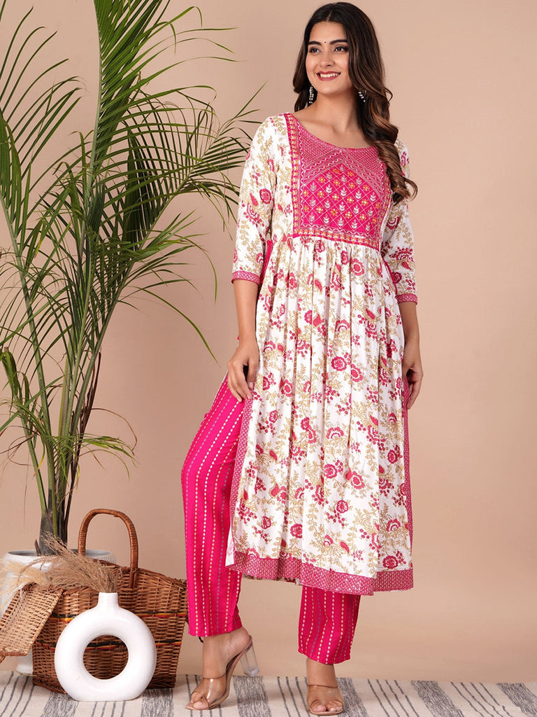 Women's Floral Printed Empire Thread Work Kurta With Palazzos & Dupatta