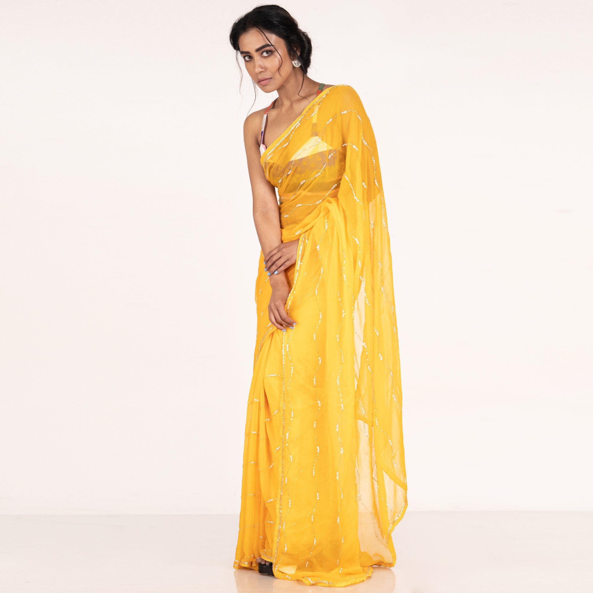 Women's Yellow Pure Chiffon Saree With Hand Embroidered Work Of Pearl And Beads - Boveee