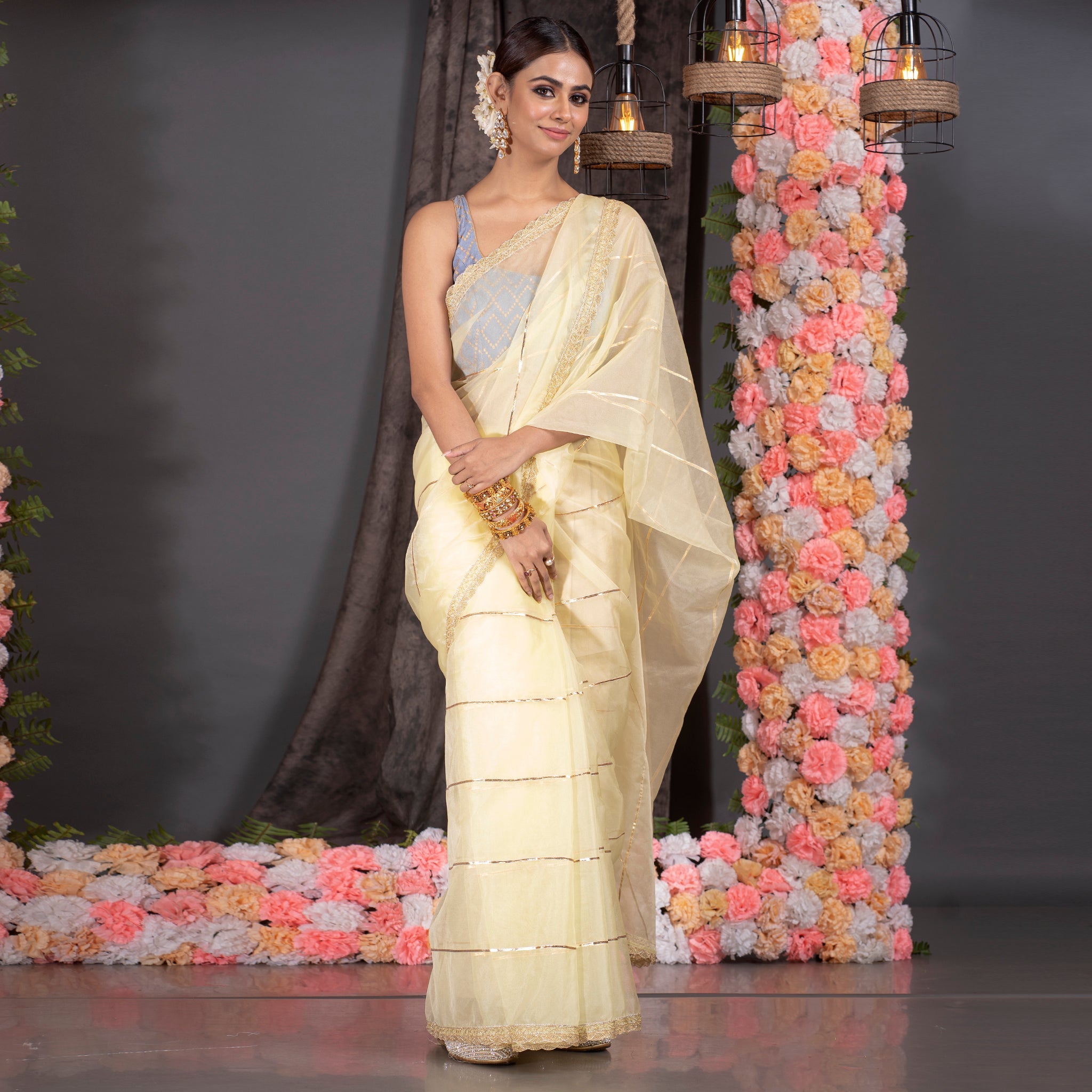 Women's Lime Yellow Organza Saree With Gota Work And Scallop Border - Boveee