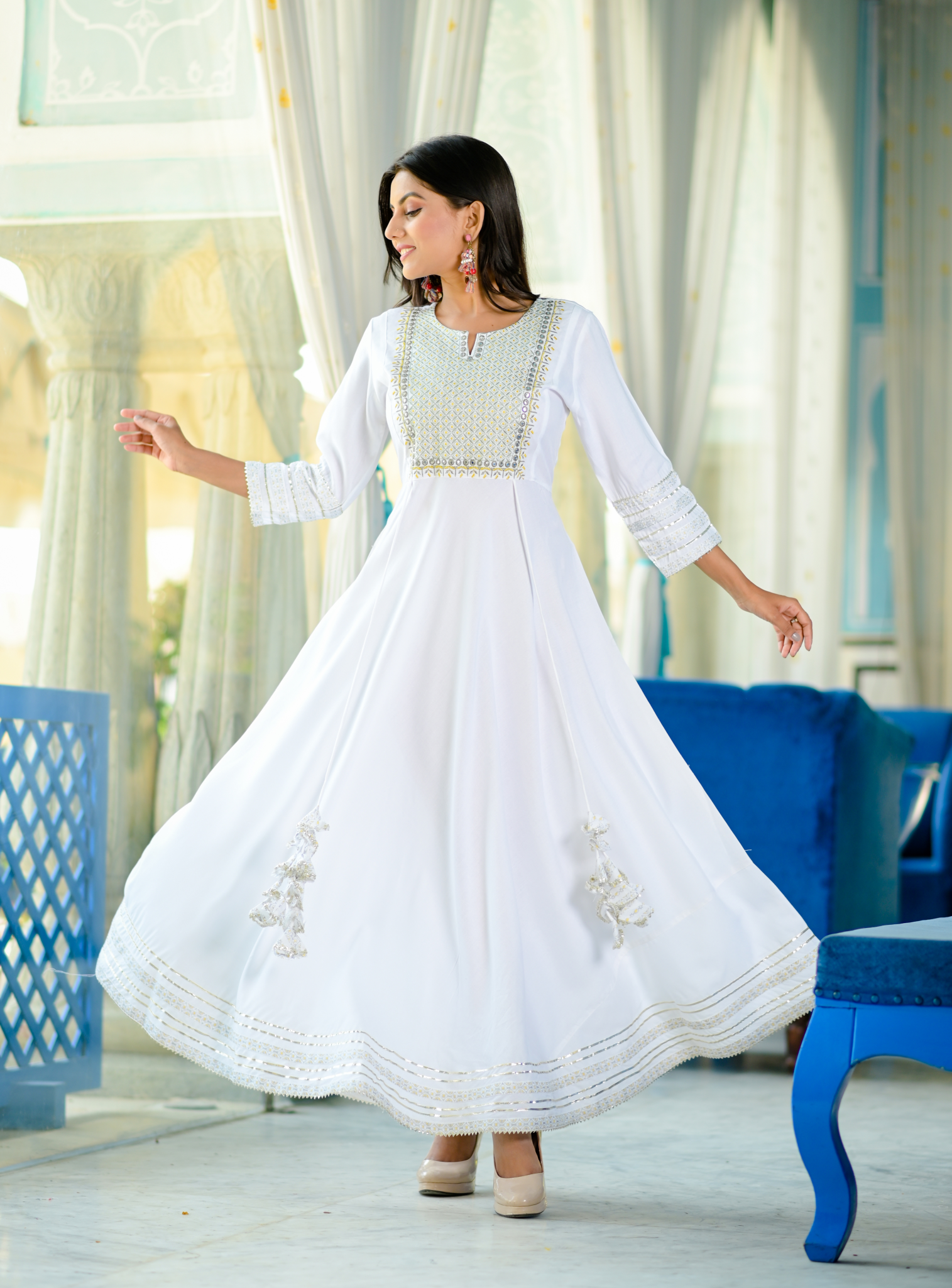 Women's White Embroidered Dress - Yufta