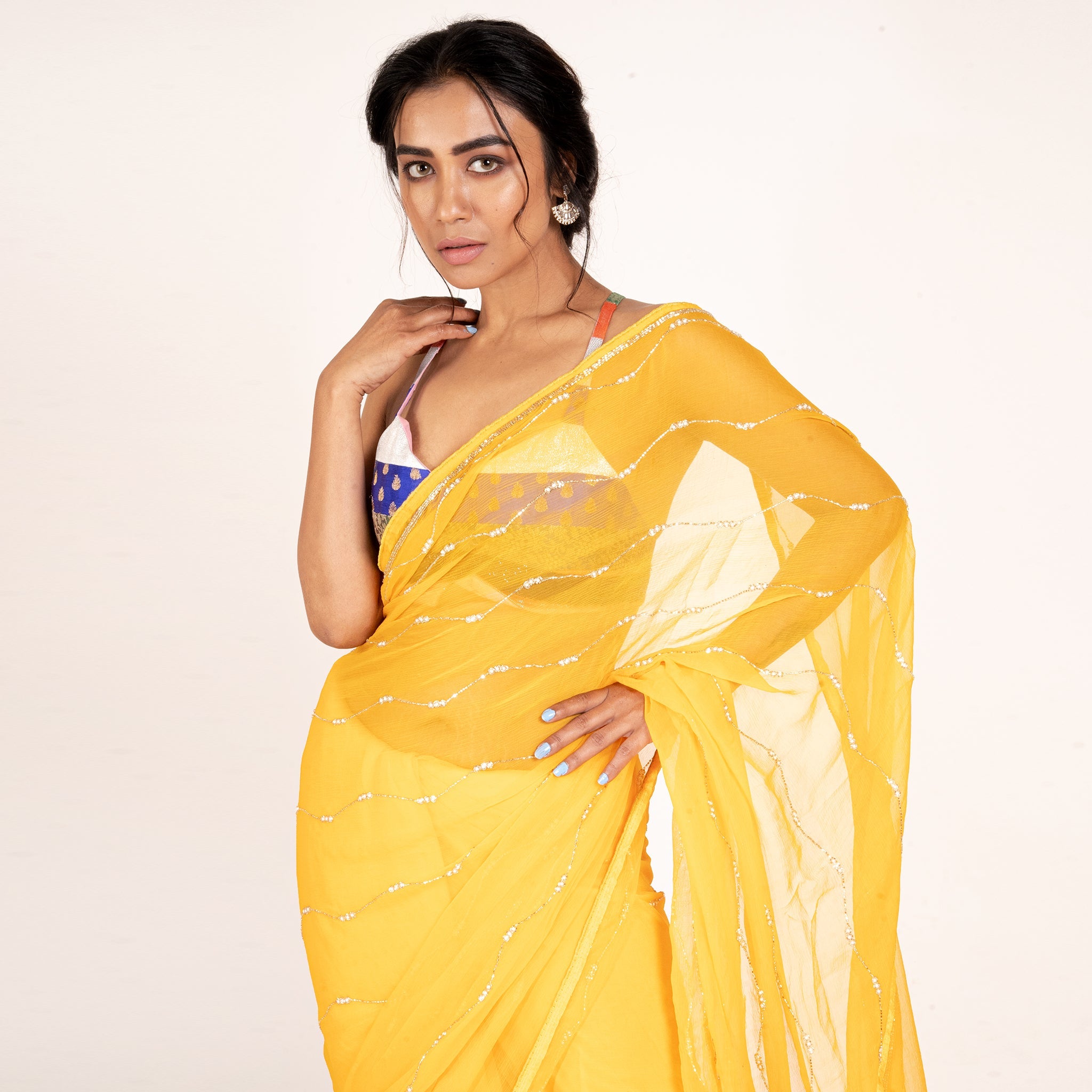 Women's Yellow Pure Chiffon Saree With Hand Embroidered Work Of Pearl And Beads - Boveee