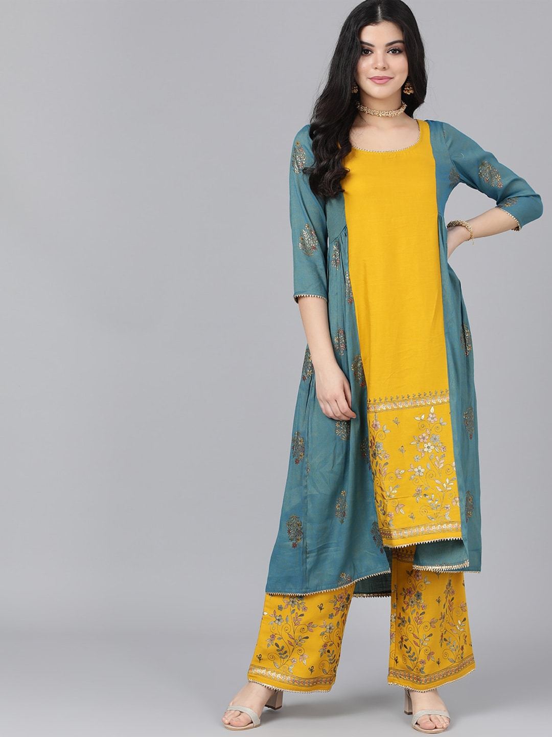 Women's  Mustard Yellow & Blue Floral Embroidered Kurta with Palazzos & Jacket - AKS