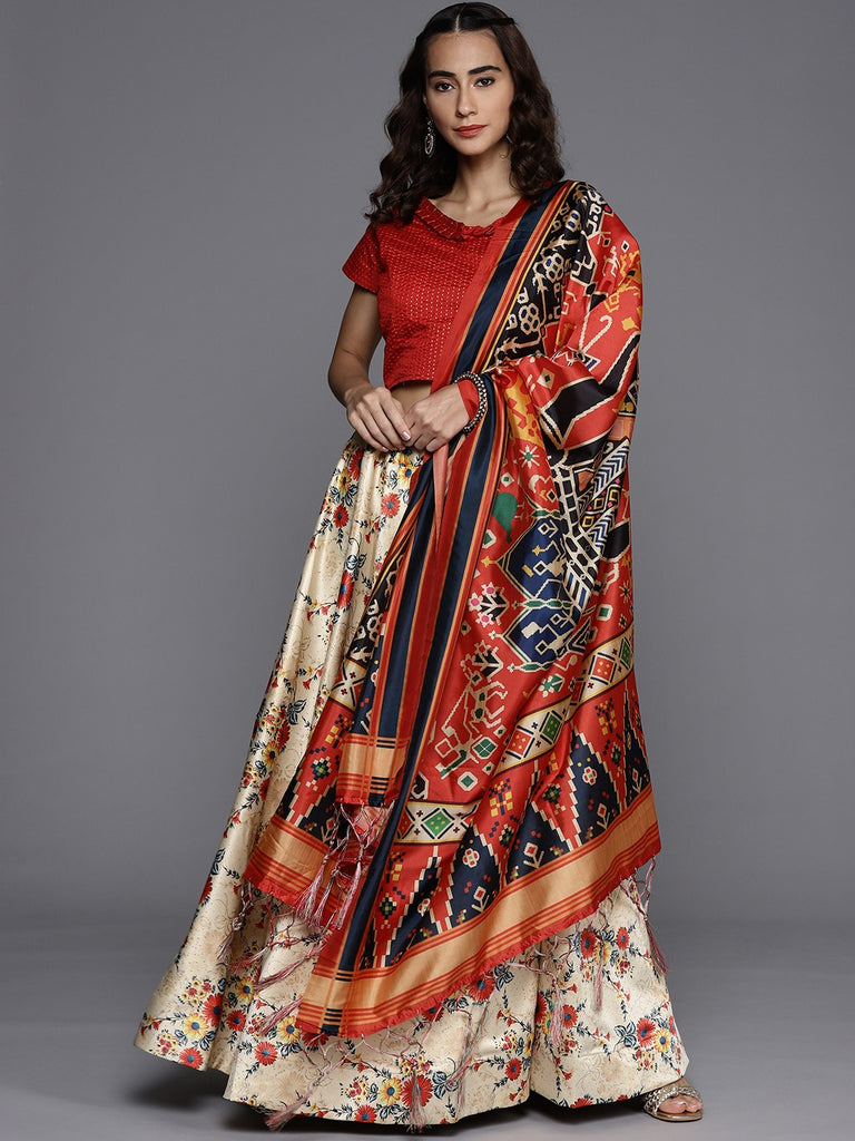 Women's Digital Print Shiney Satin Semistitched Lehenga Choli With Unstitched Blouse And Thred Work Dupatta