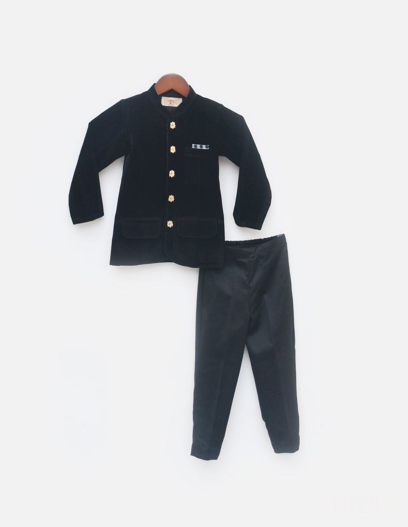 Boy's Black Velvet Bandgala And Pant