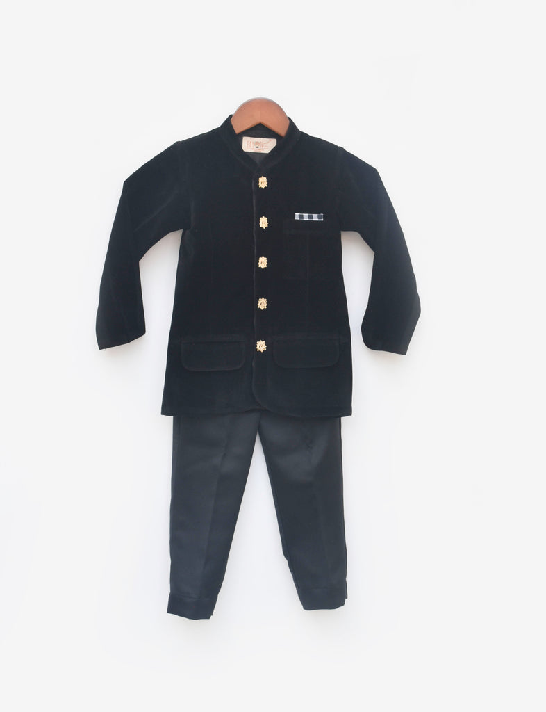 Boy's Black Velvet Bandgala And Pant
