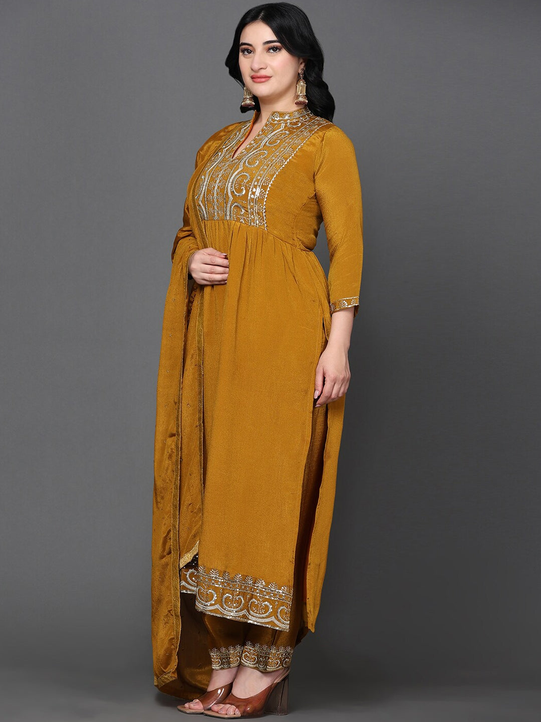 Women's Ethnic Motifs Embroidered Sequined Pure Silk Kurta With Trousers & Dupatta - Noz2Toz
