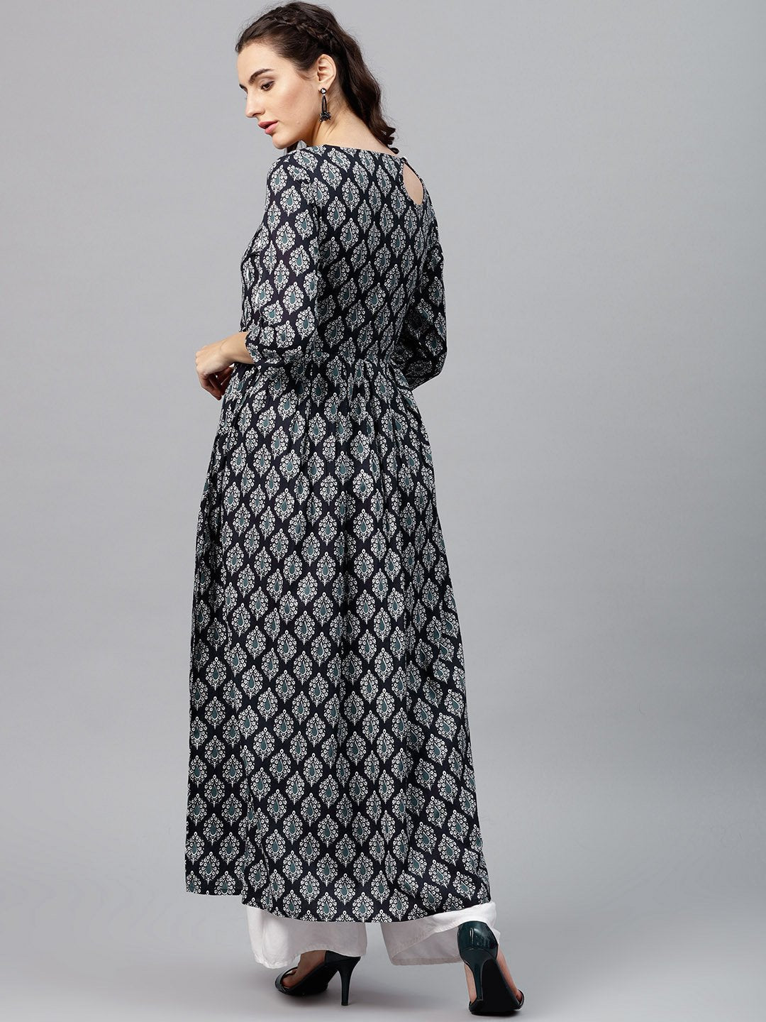 Women's Round Neck Black & White Printed Maxi Dress With 3/4 Sleeves And Emblished With Tassels - Nayo Clothing