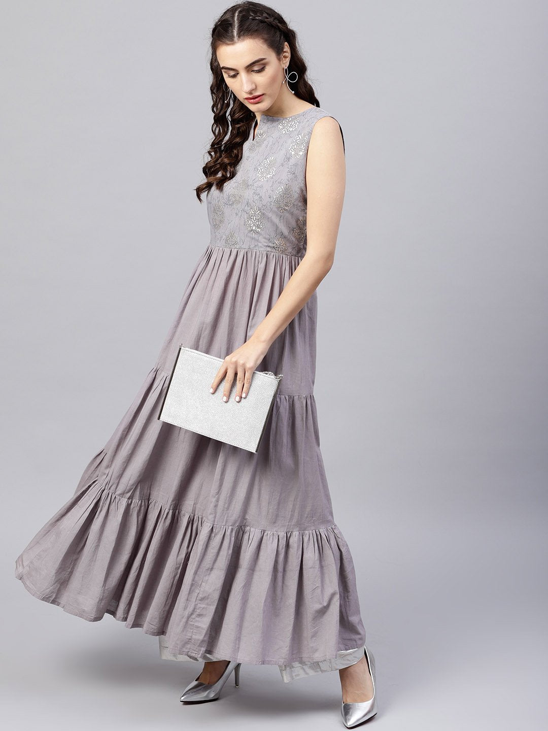 Women's Sleeveless Grey Tiered Maxi Dress With Key Hole Neckline - Nayo Clothing