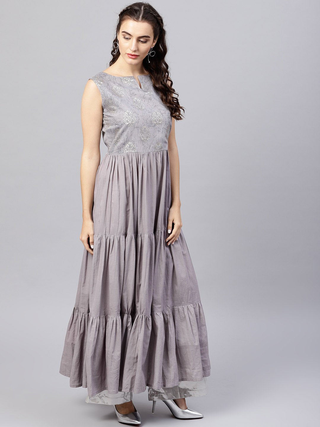 Women's Sleeveless Grey Tiered Maxi Dress With Key Hole Neckline - Nayo Clothing