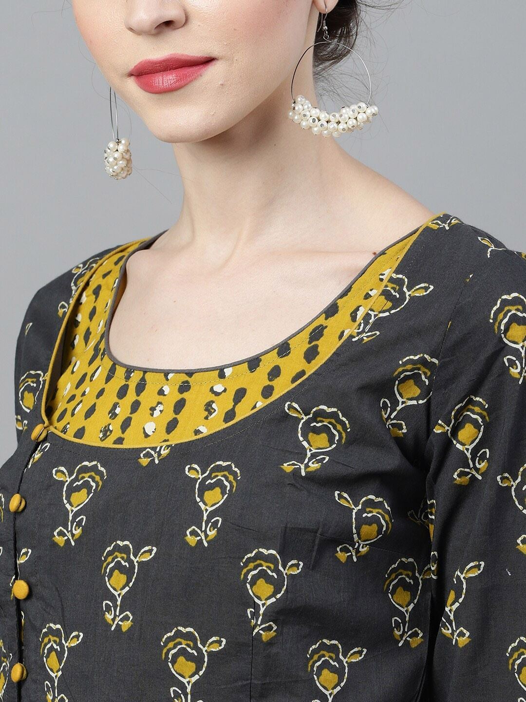 Women's  Mustard & Grey Dyed Anarkali Kurta - AKS