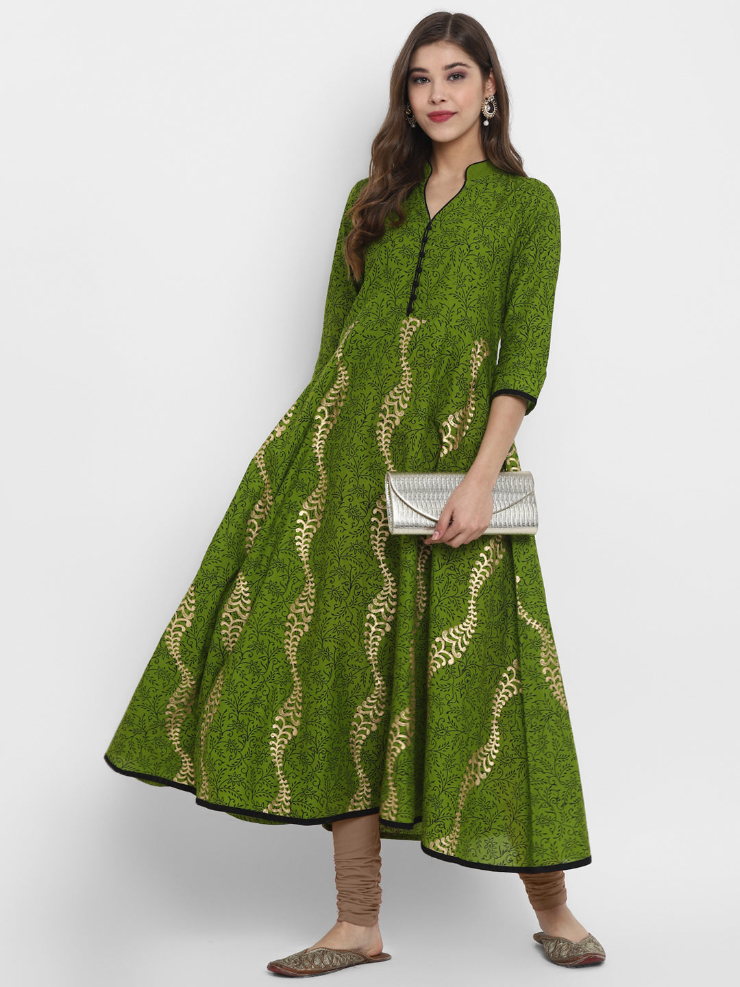 Women's Green Cotton Printed Anarkali Kurti With Block Print - Wahe-Noor