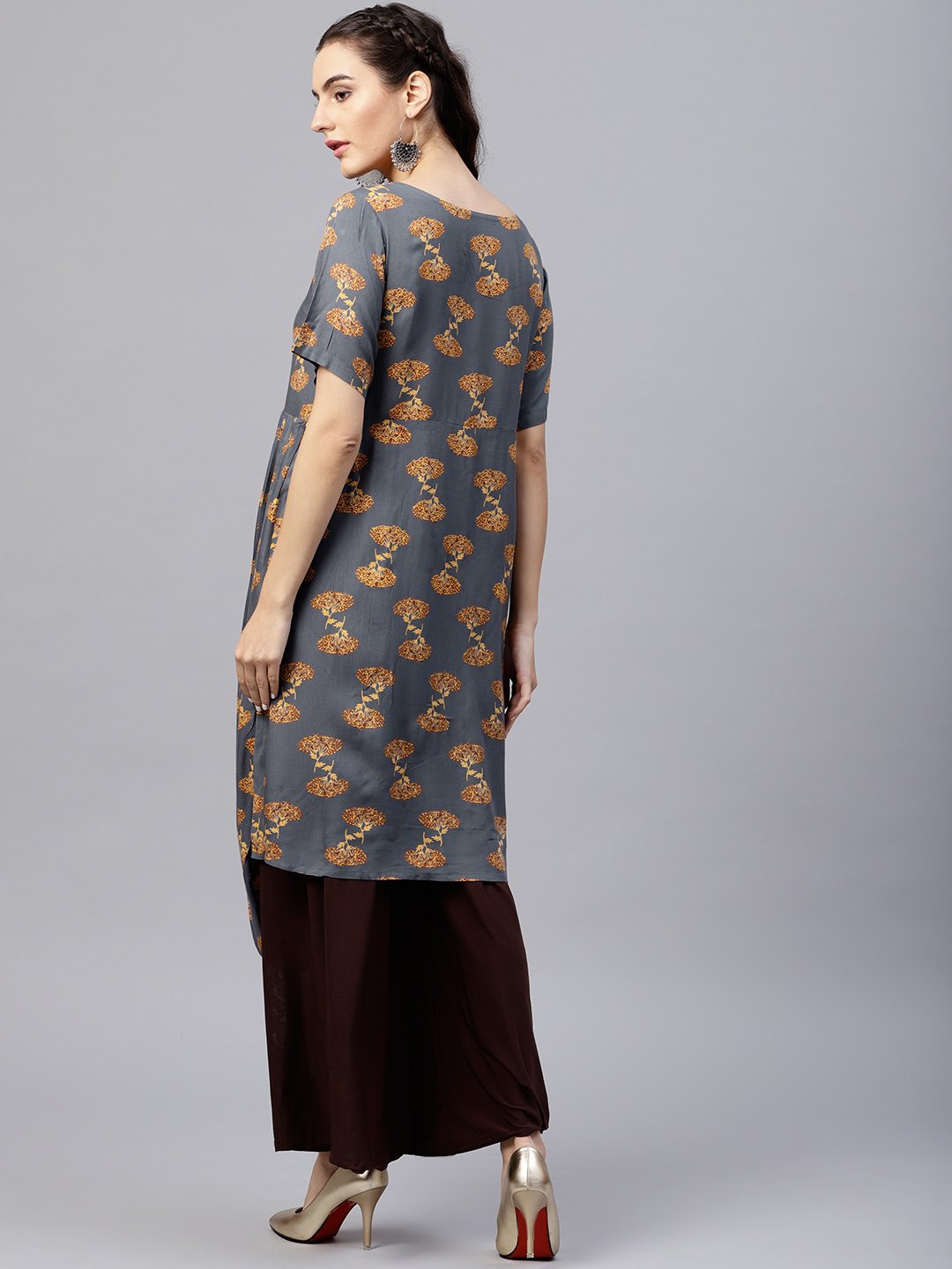 Women's Blue Printed A-Line Kurta With Round Neck And Half Sleeves - Nayo Clothing