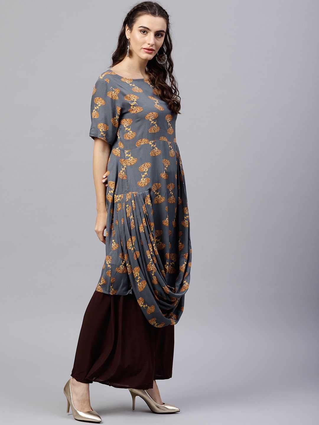 Women's Blue Printed A-Line Kurta With Round Neck And Half Sleeves - Nayo Clothing