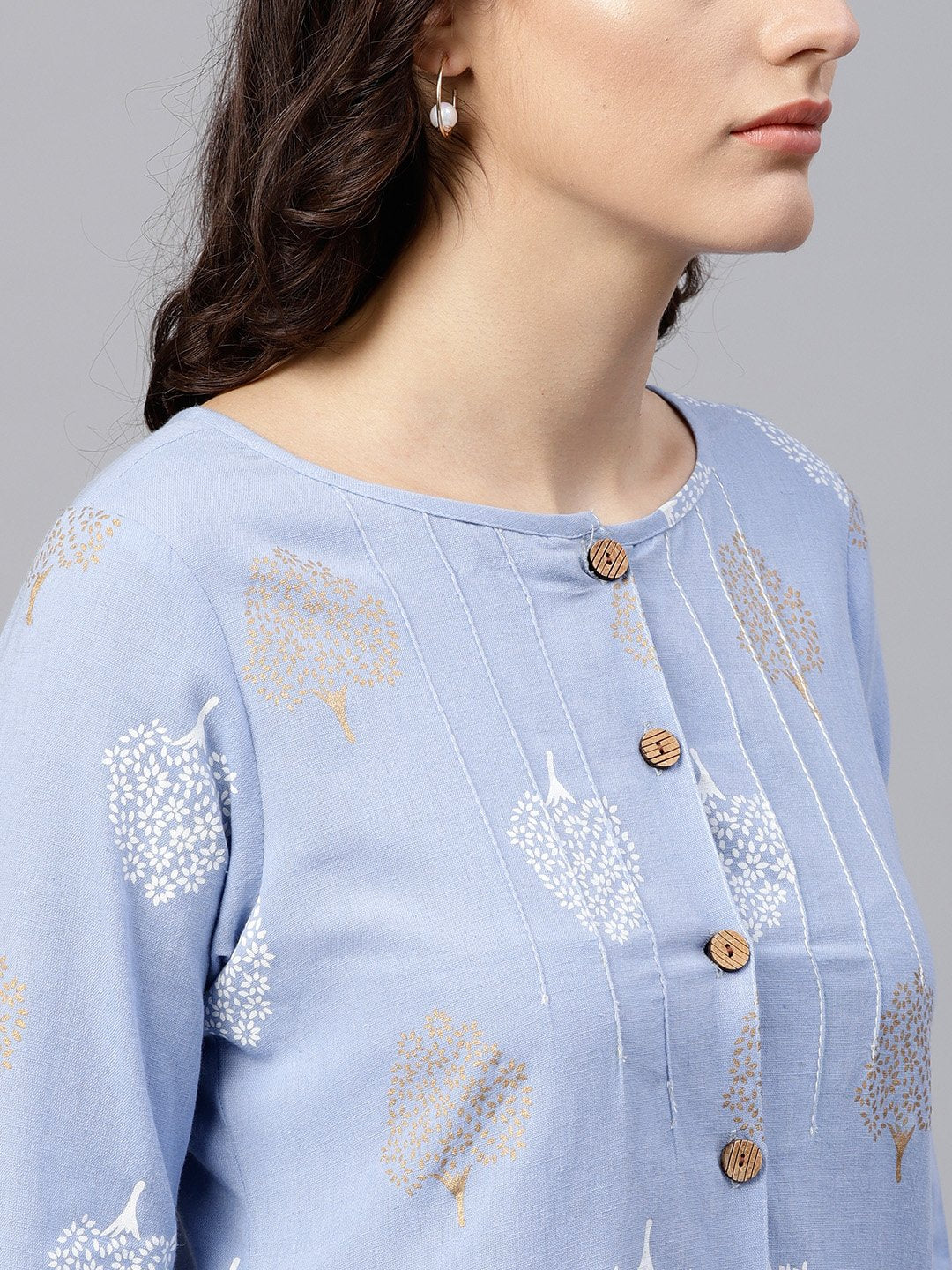 Women's Round Neck Light Blue Printed Tunic With Front Placket And 3/4 Sleeves - Nayo Clothing