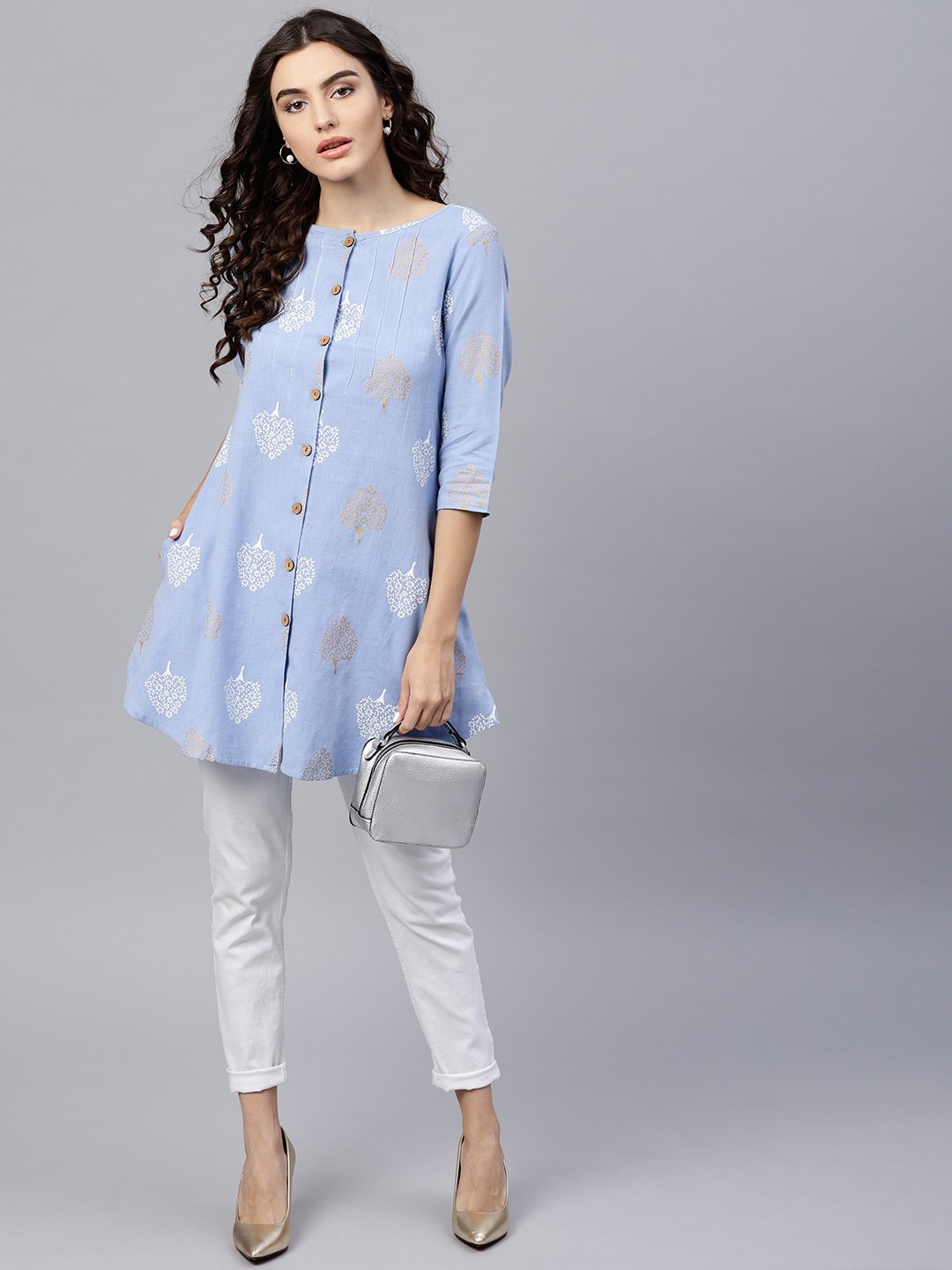 Women's Round Neck Light Blue Printed Tunic With Front Placket And 3/4 Sleeves - Nayo Clothing