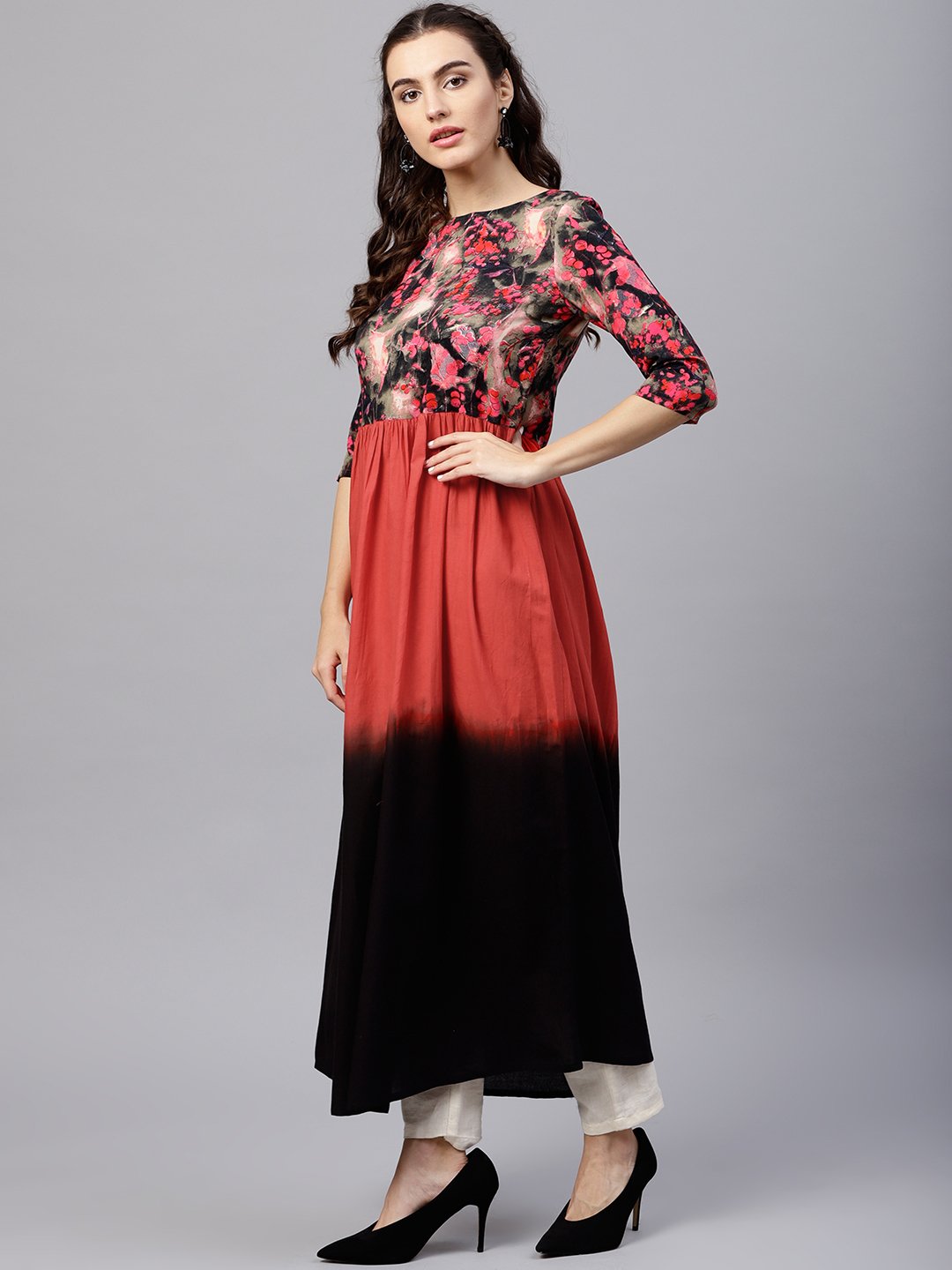 Women's Multi Colored Maxi Kurta With Round Neck And 3/4 Sleeves - Nayo Clothing