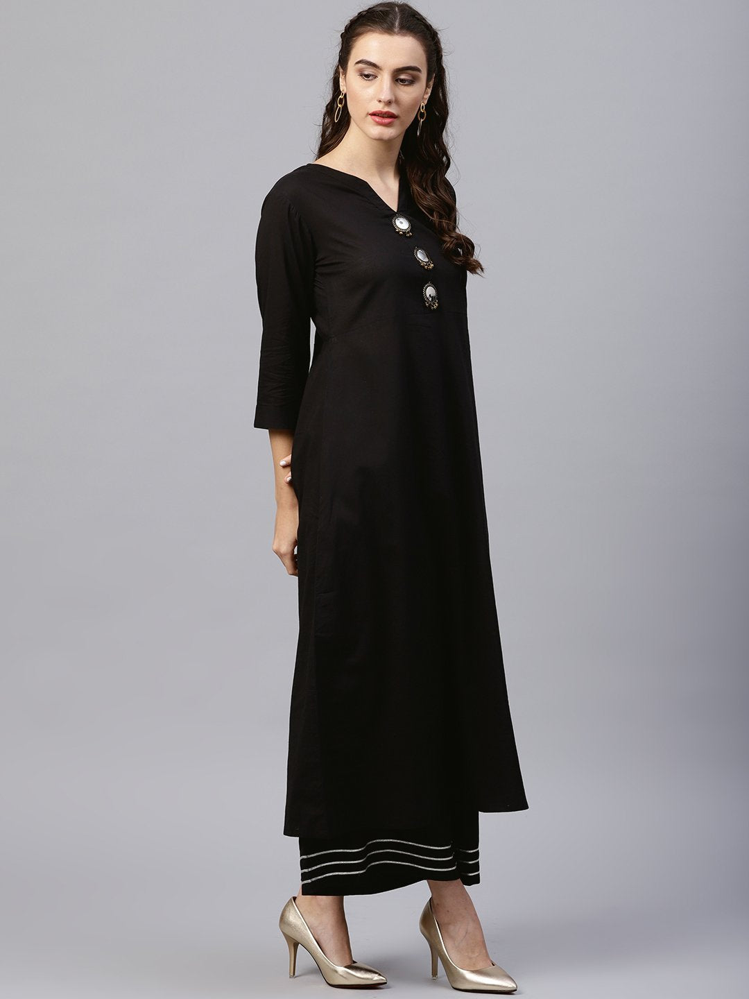 Women's Black Round Neck Kurta With Frond Emblishment And Palazzo - Nayo Clothing