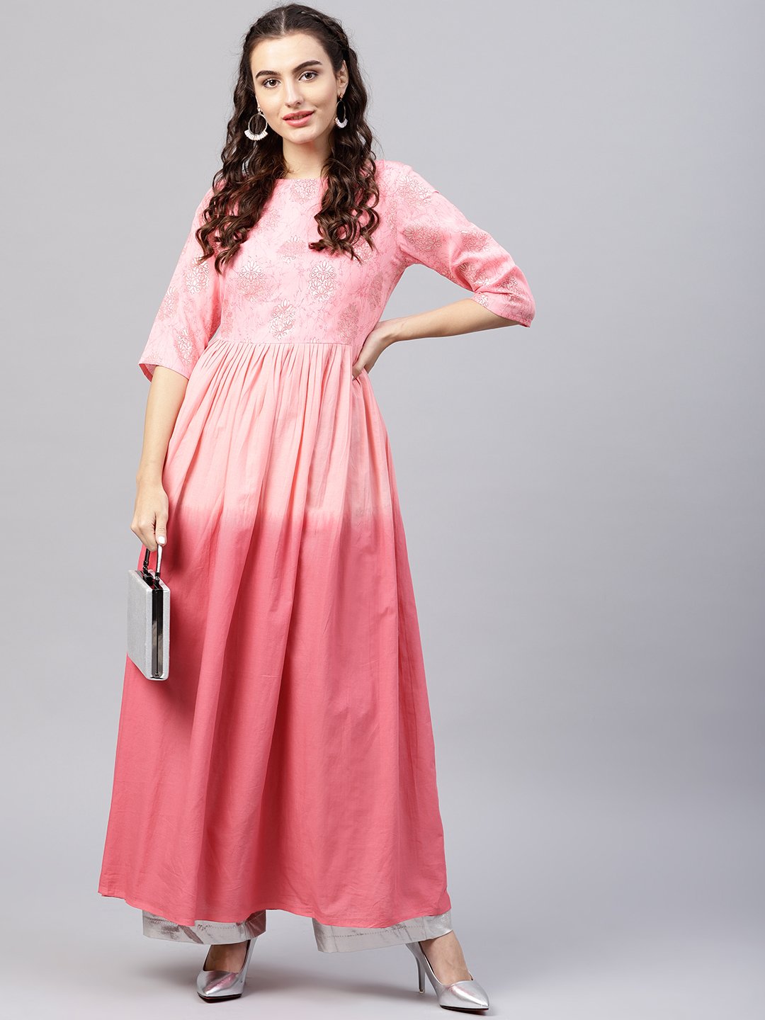 Women's Pink Ombre Maxi Kurta With Round Neck  And 3/4 Sleeves - Nayo Clothing