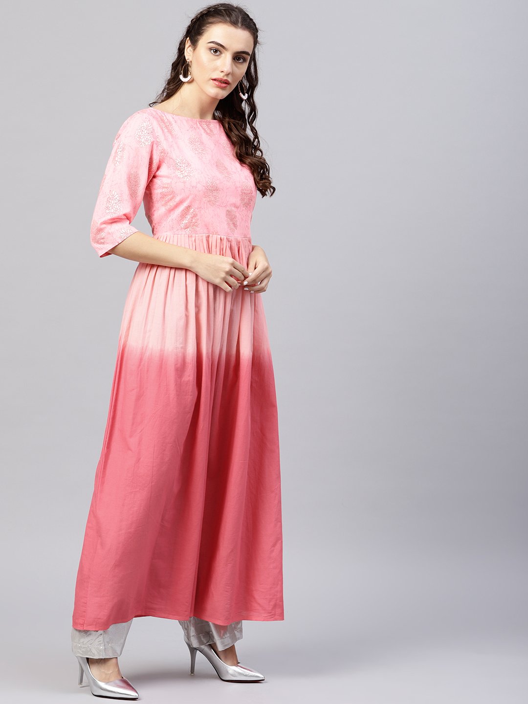 Women's Pink Ombre Maxi Kurta With Round Neck  And 3/4 Sleeves - Nayo Clothing