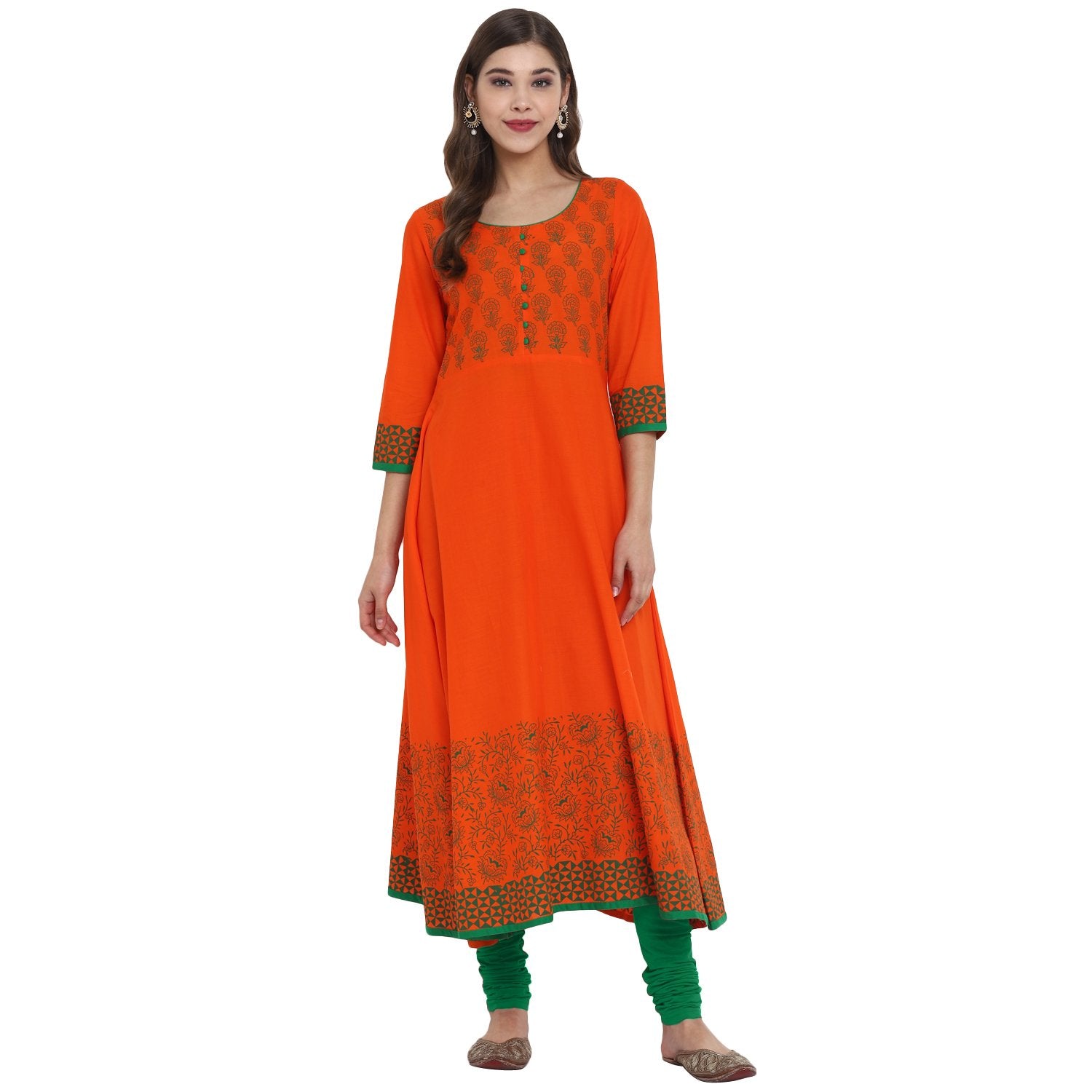 Women's Orange & Green Cotton Printed Anarkali Kurti With Block Print (1 Pc) - Noz2Toz