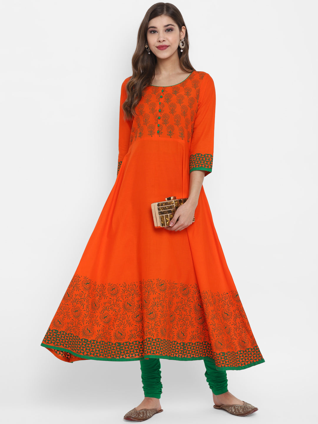 Women's Orange & Green Cotton Printed Anarkali Kurti With Block Print - Wahe-Noor