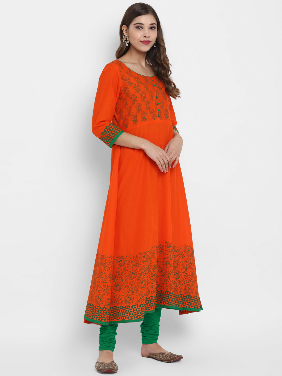 Women's Orange & Green Cotton Printed Anarkali Kurti With Block Print - Wahe-Noor
