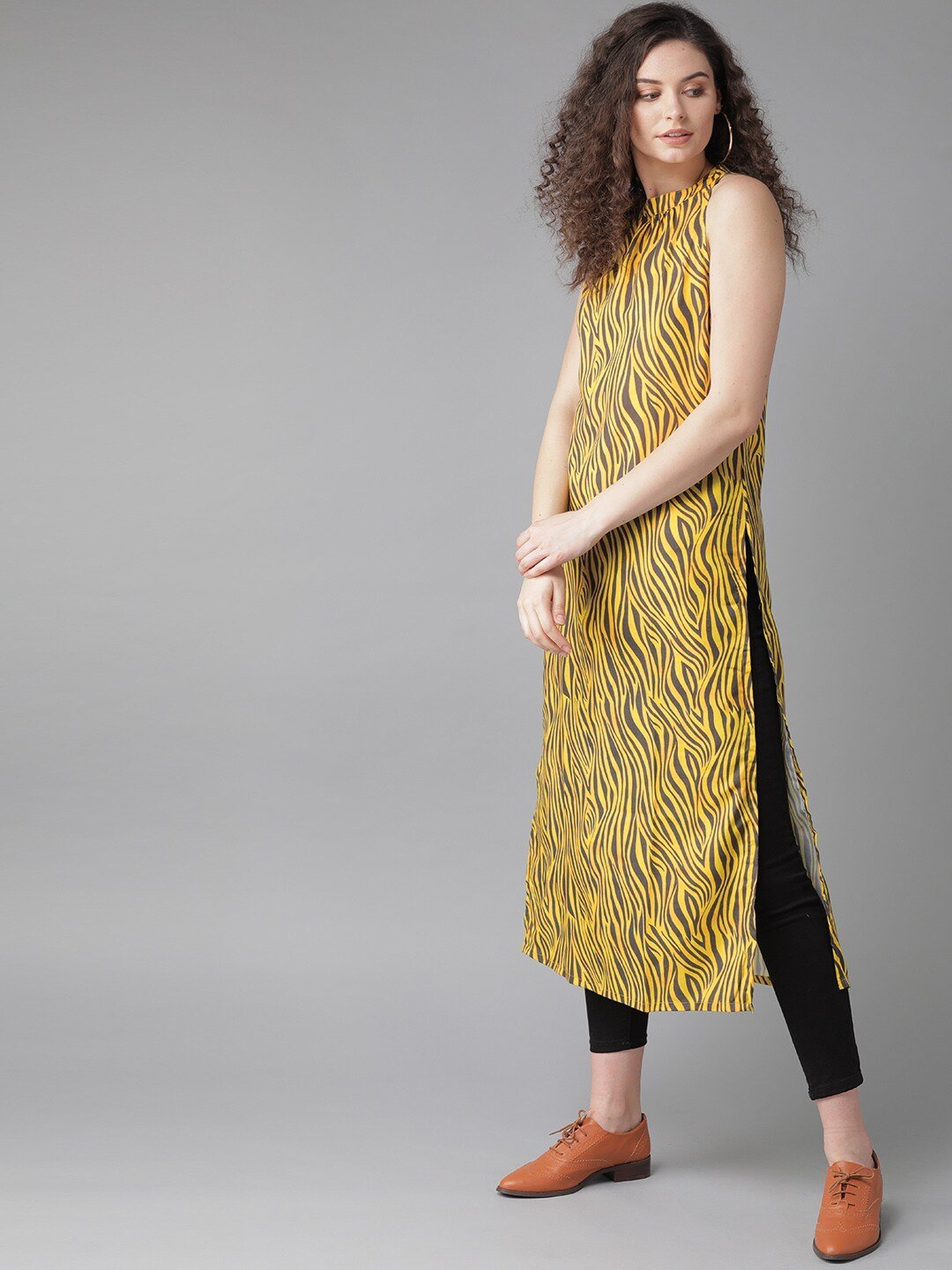 Women's  Yellow & Charcoal Grey Zebra Print Straight Kurta - AKS