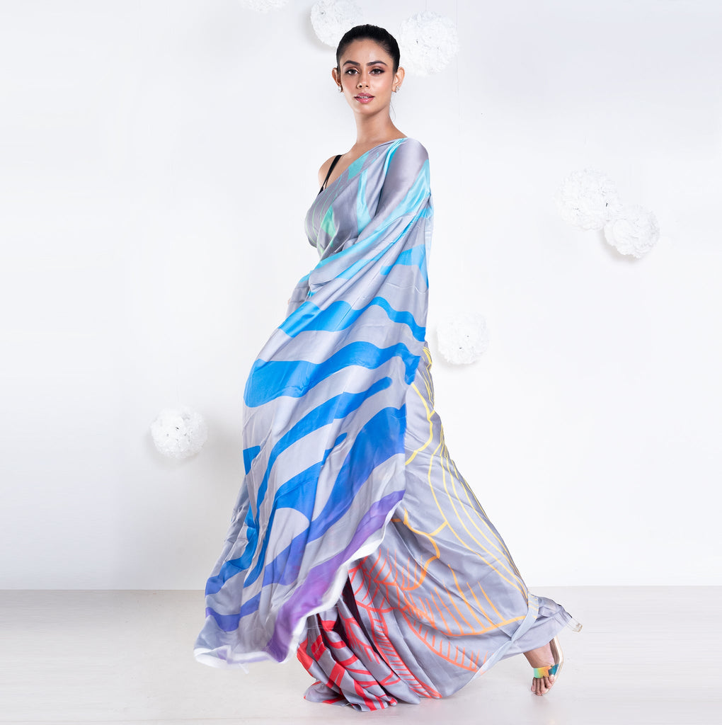 Women's Noelle Satin Georgette Digital Printed  Saree In Grey Color