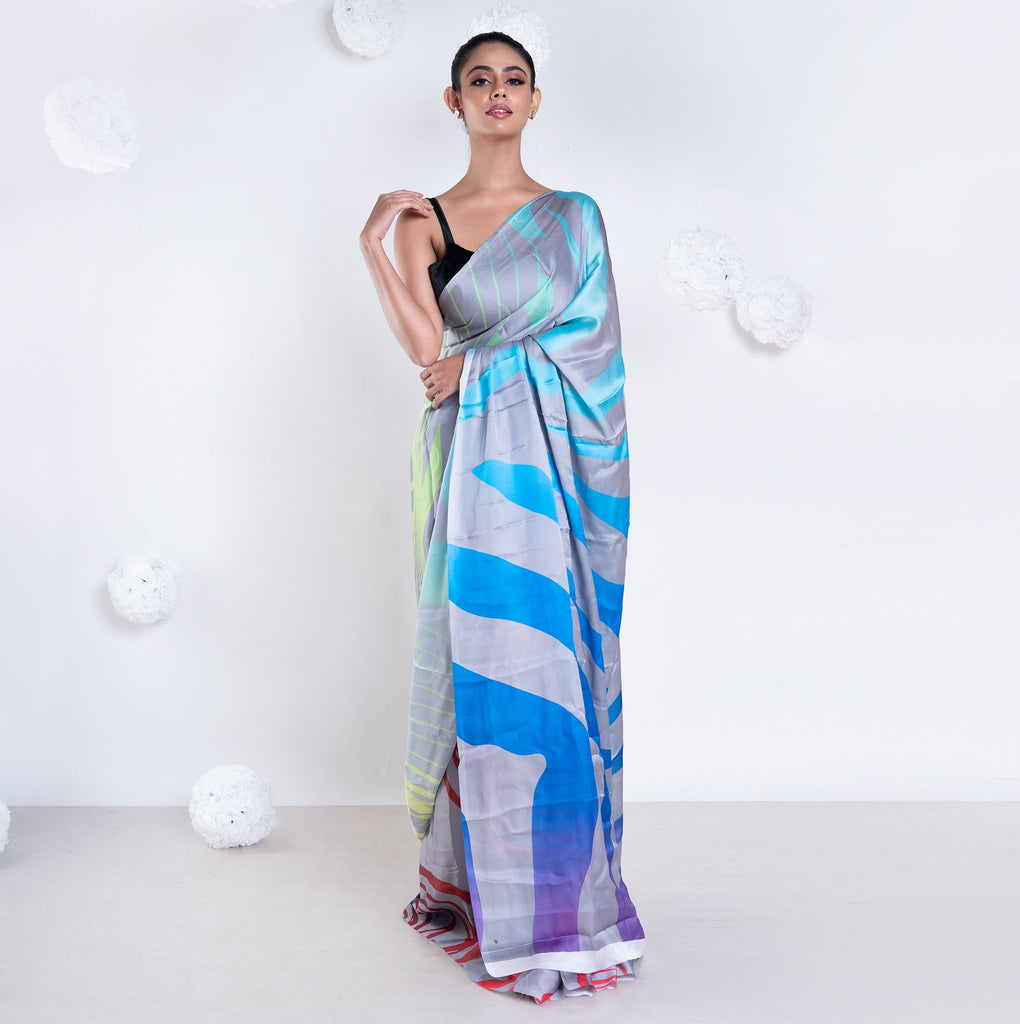 Women's Noelle Satin Georgette Digital Printed  Saree In Grey Color