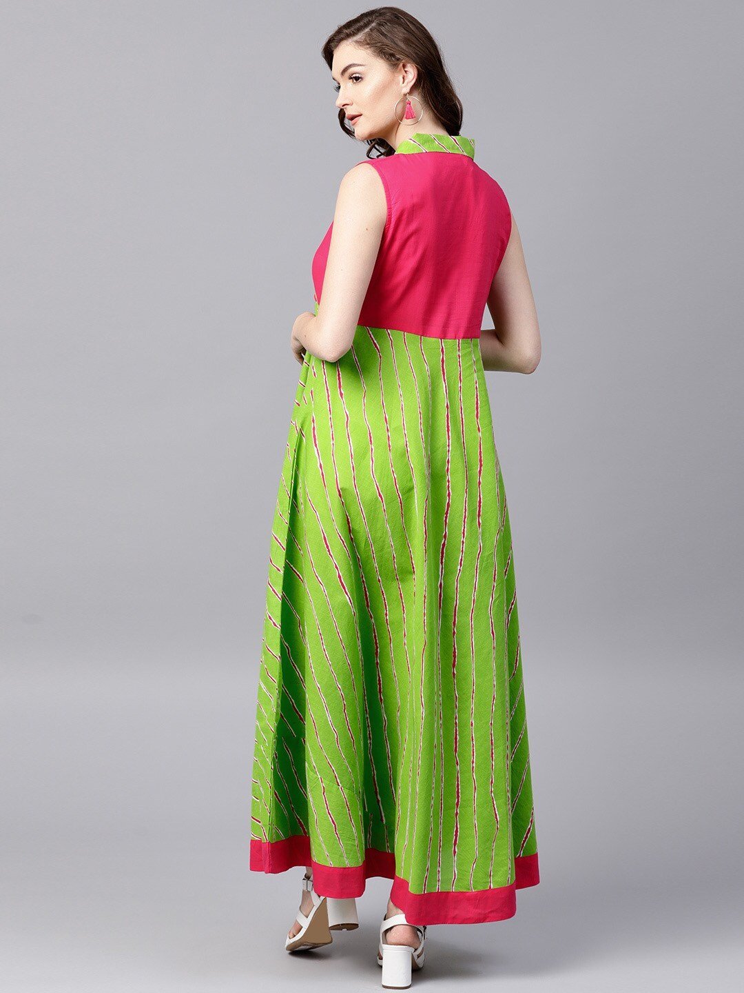 Women's  Green & Pink Striped Maxi Dress - AKS