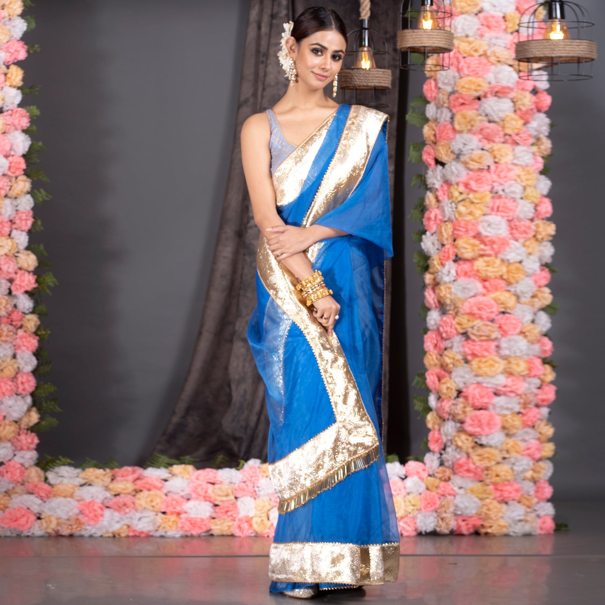 Women's Royal Blue Organza Saree With Gold Gota Border And Fringe Lace - Boveee