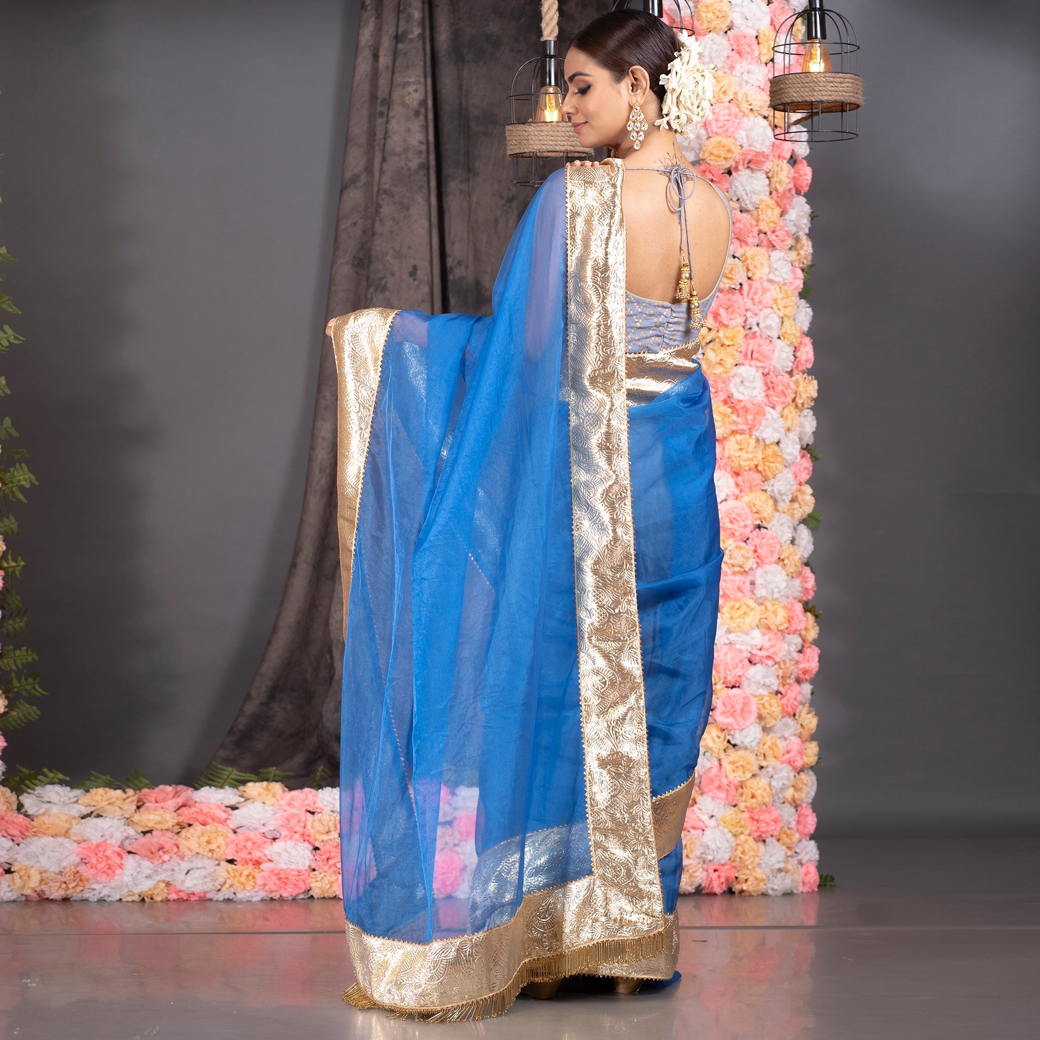 Women's Royal Blue Organza Saree With Gold Gota Border And Fringe Lace - Boveee