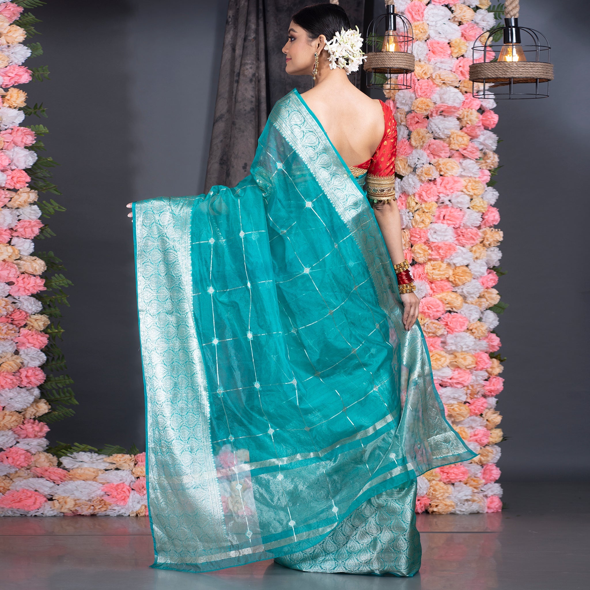 Women's Teal Organza Saree With Square Motifs And Ambi Jaal Border - Boveee