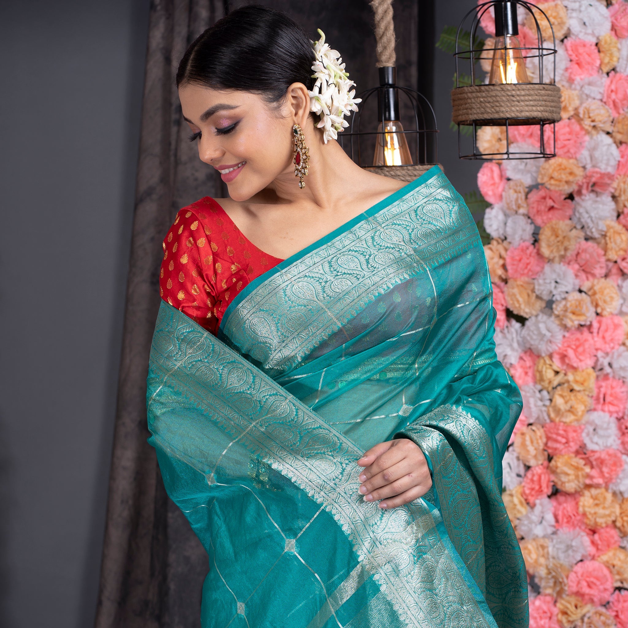 Women's Teal Organza Saree With Square Motifs And Ambi Jaal Border - Boveee