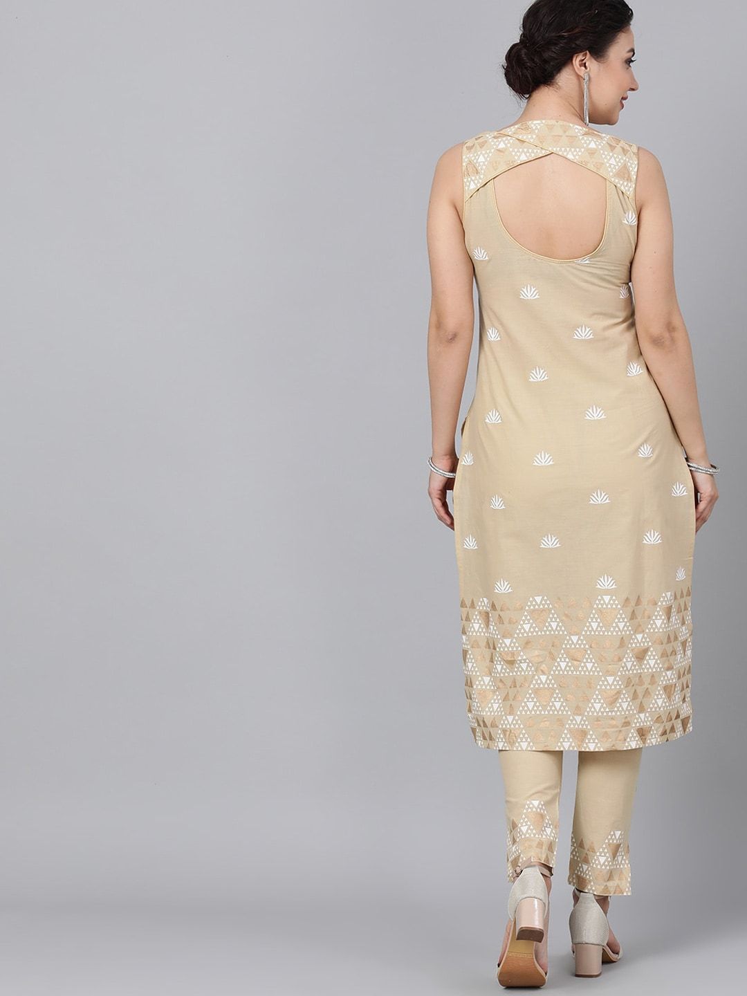 Women's  Beige Embroidered Kurta with Trousers - AKS