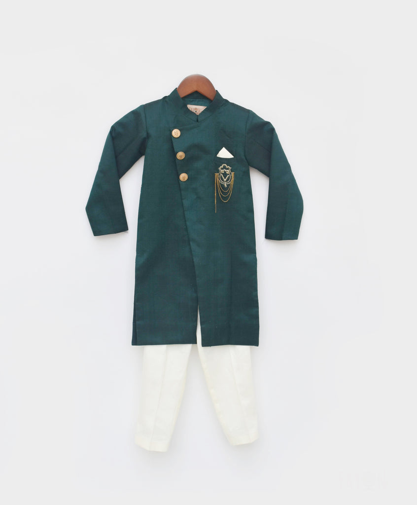 Boy's Green Silk Ajkan And Pant