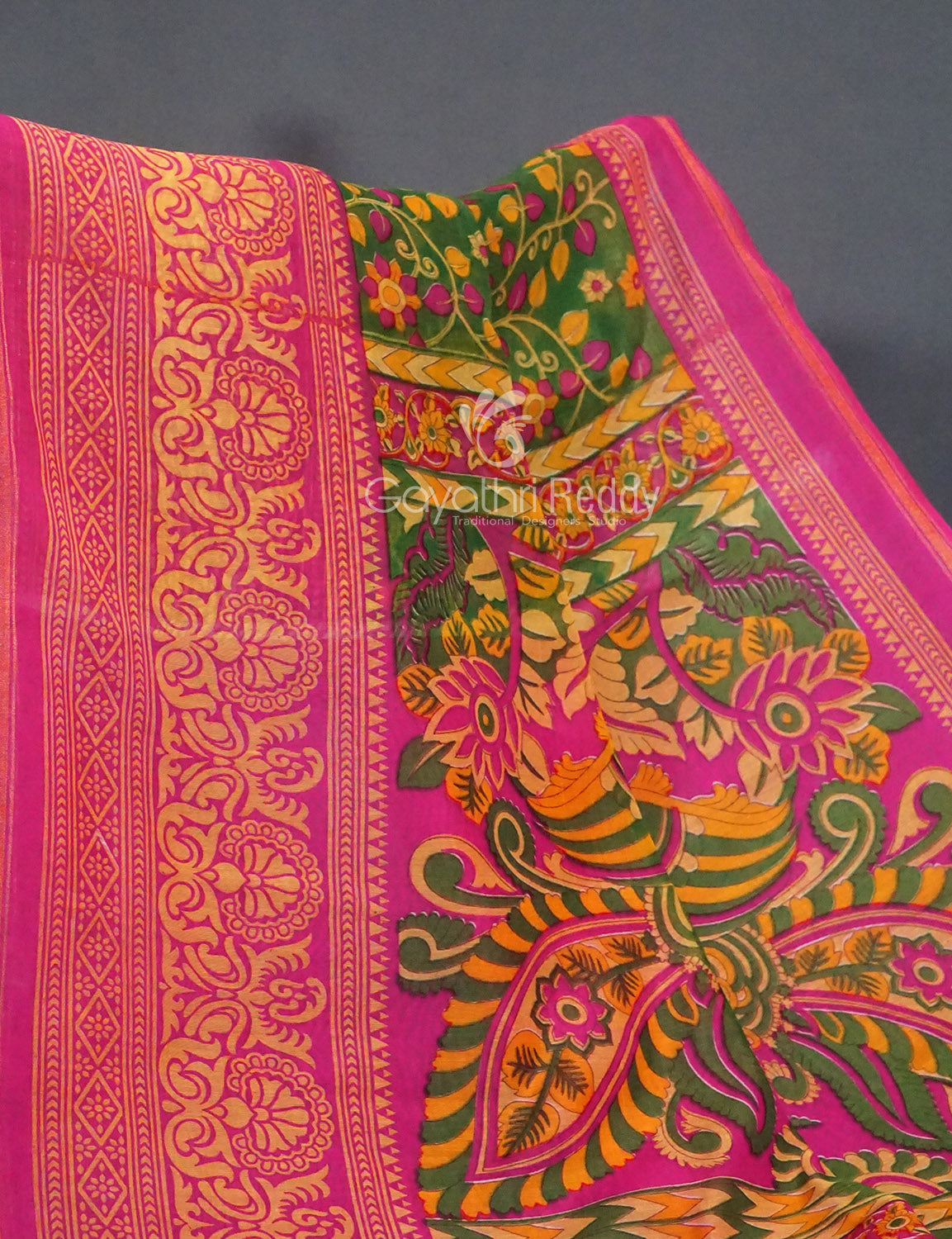 Women's Shamrock Green And Pink Semi Chanderi Saree - Gayathri Sarees