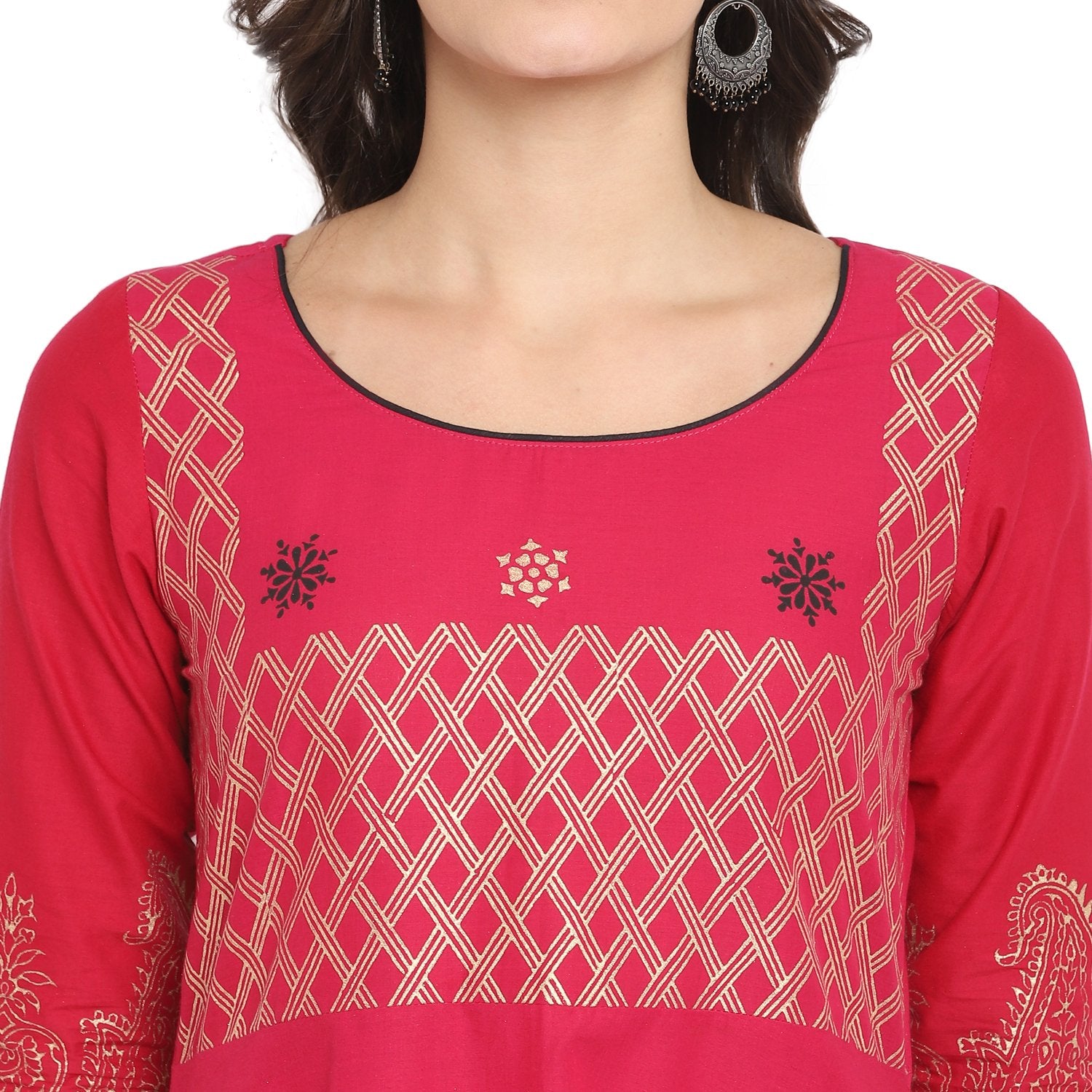 Women's Pink Cotton Printed Anarkali Kurti With Block Print (1 Pc) - Noz2Toz