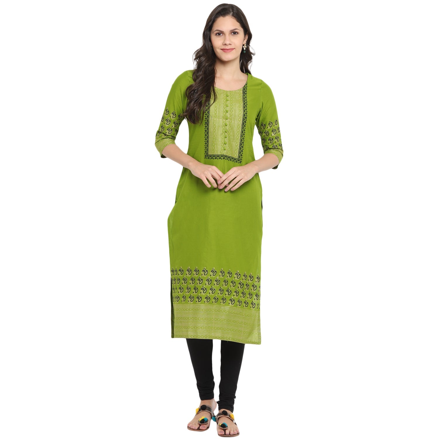 Women's Green Cotton Printed Straight Kurti With Block Print - Wahe-Noor