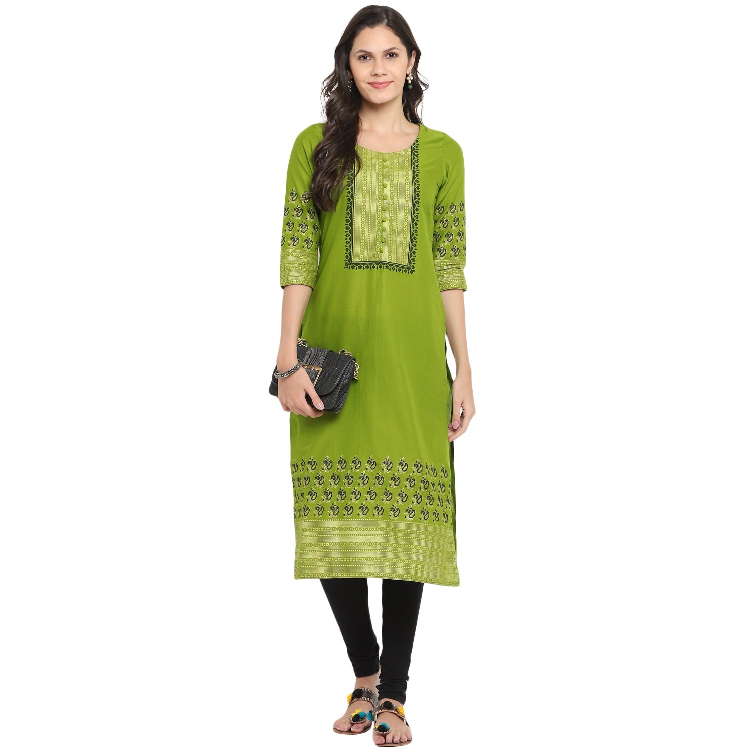 Women's Green Cotton Printed Straight Kurti With Block Print - Wahe-Noor