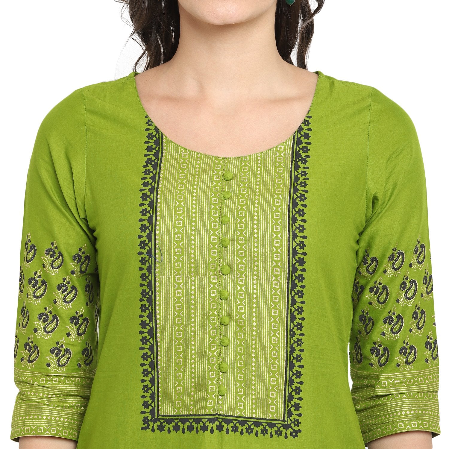 Women's Green Cotton Printed Straight Kurti With Block Print (1 Pc) - Noz2Toz