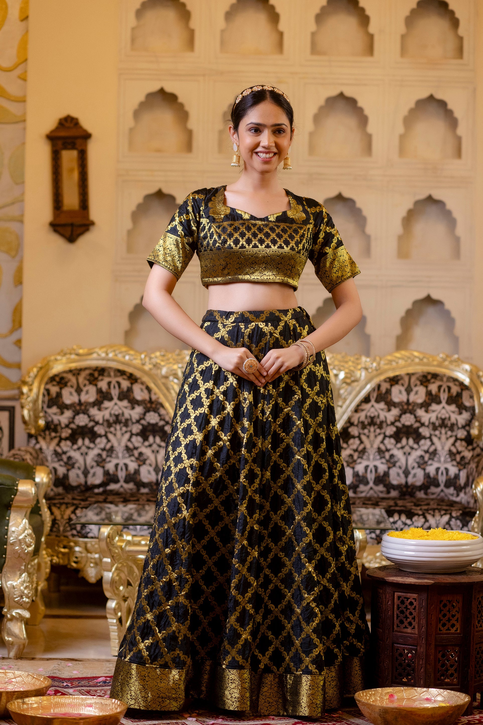 Women's Black And Gold Lehenga Set - Label Shaurya Sanadhya | Black and gold  lehenga, Gold lehenga, Party wear indian dresses