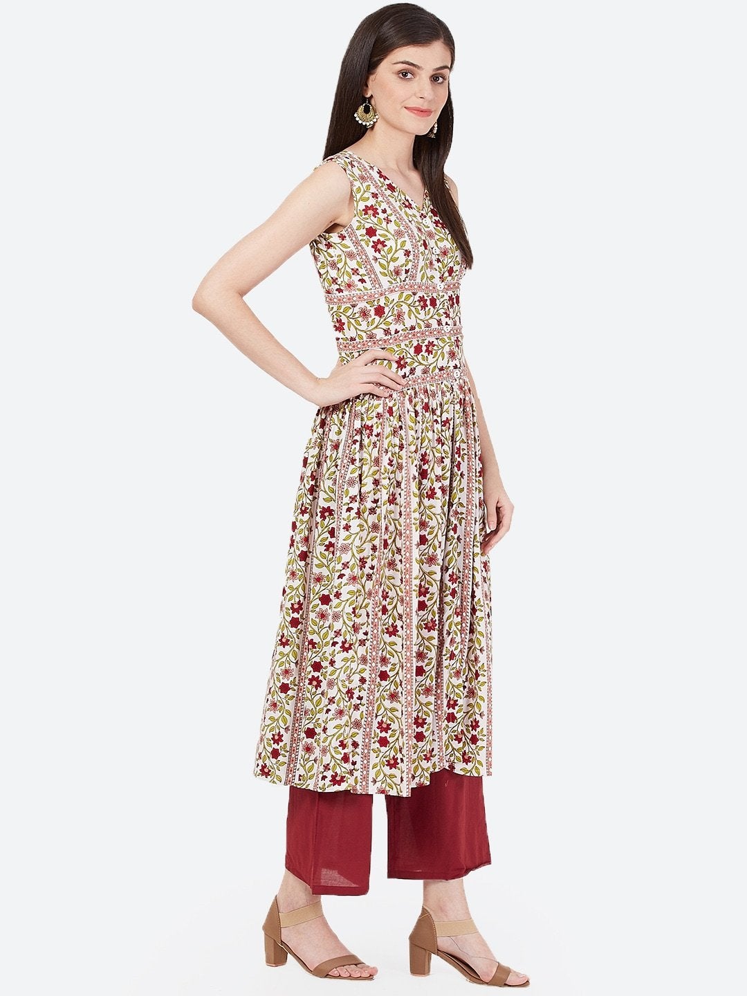 Women's Off-White & Red Printed A-Line Kurta with Gathers - Meeranshi