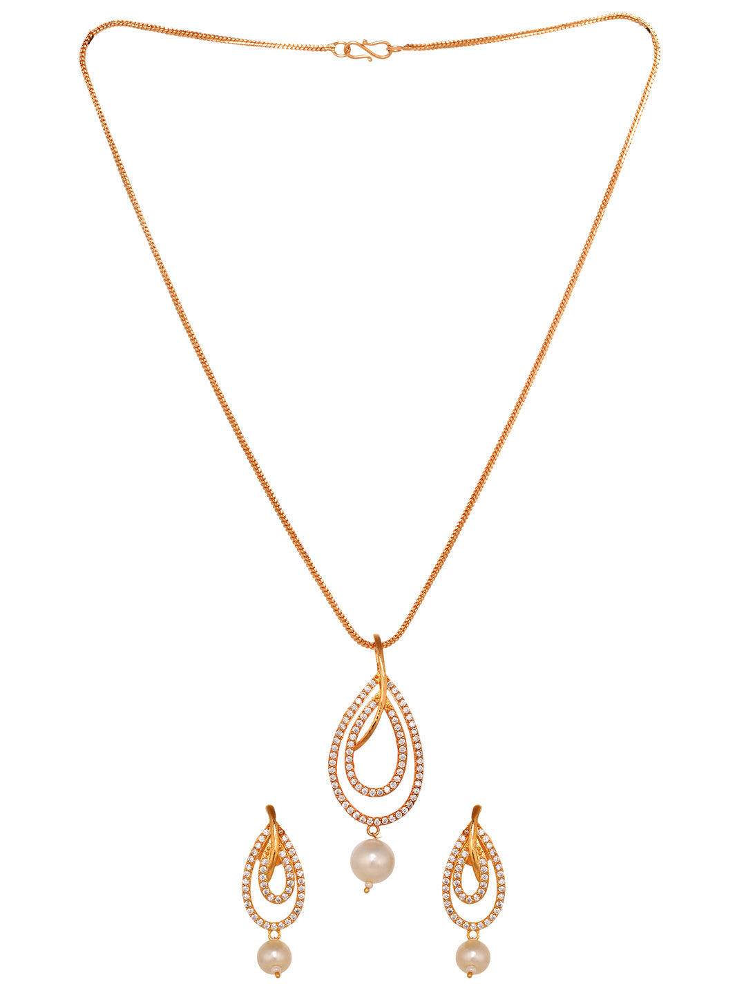 Women's Gold Toned Ad Studdeed Elegant Pendant With Earrings Locket Jewellery Set - Saraf Rs Jewellery