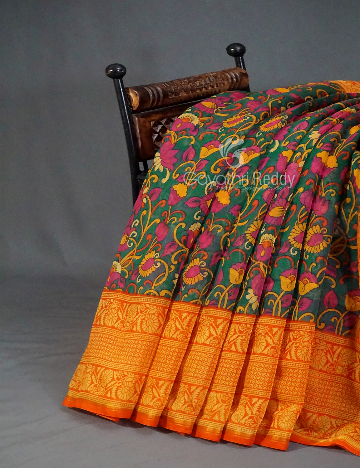 Women's Green And Orange Semi Chanderi Saree - Gayathri Sarees