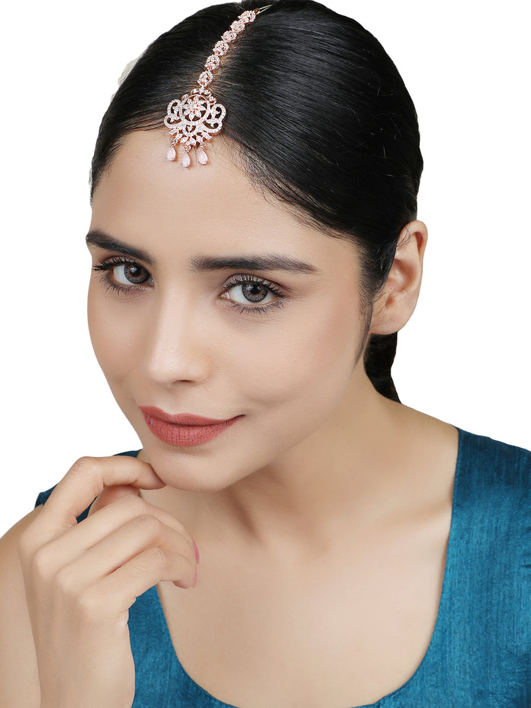 Women's Rosegold Plated Floral Shape Amerivan Diamond Hand Crafted Maangtikka