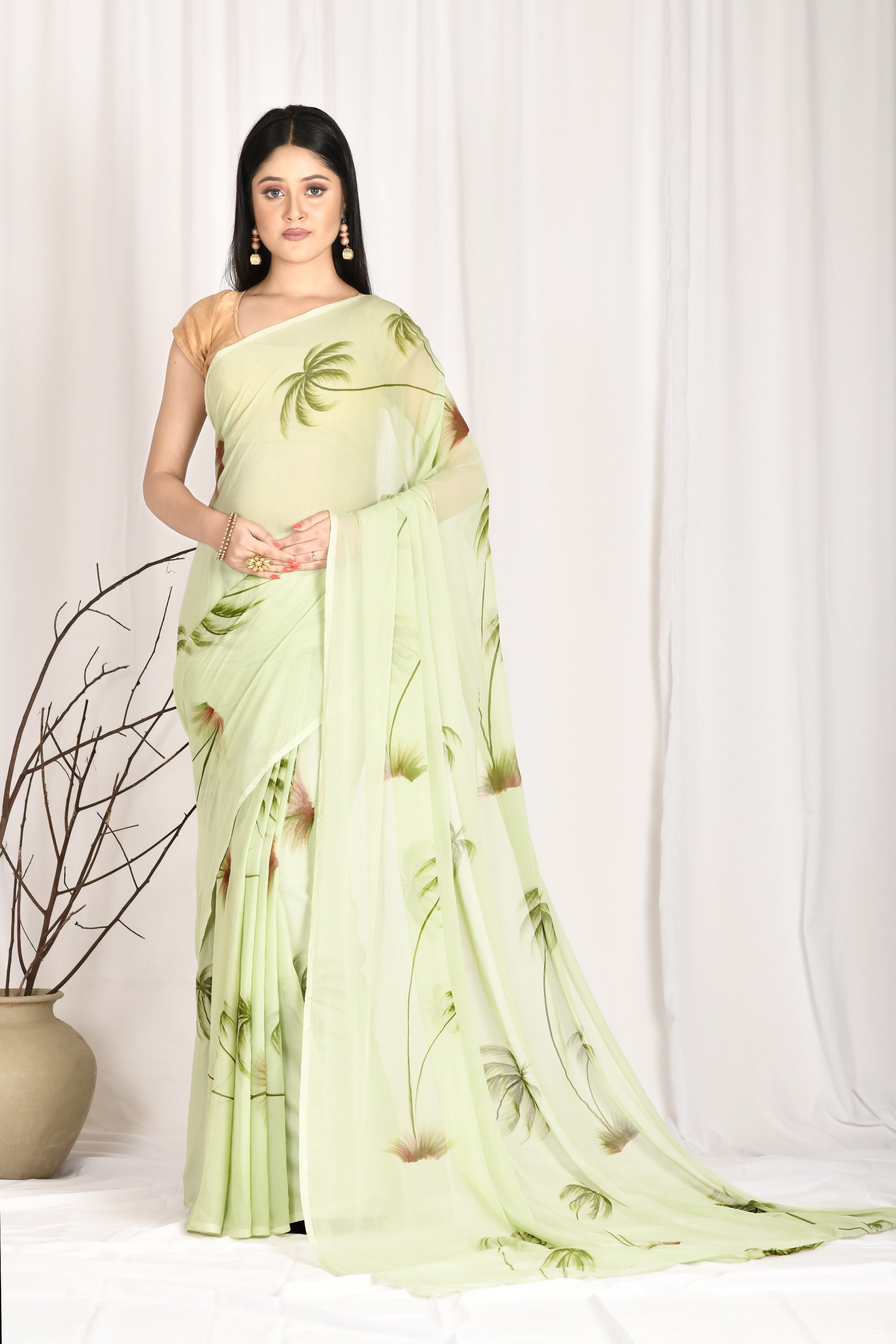 Women's Hand Painted Olive Saree With All-Over Vegetable Dyes With Blouse - Saras The Label